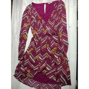 Kori America Womens Plum Chevron Floral Print V Neck Long Sleeve Dress Size S